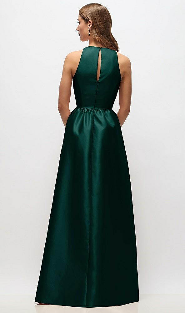 Back View - Evergreen Sleeveless Keyhole Back Satin Maxi Dress