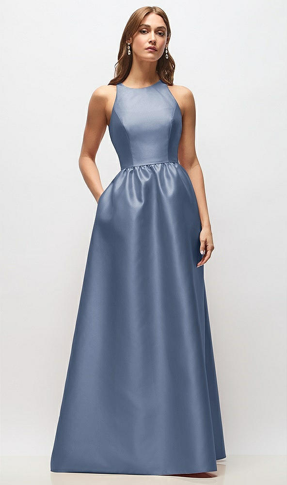 Front View - Larkspur Blue Sleeveless Keyhole Back Satin Maxi Dress
