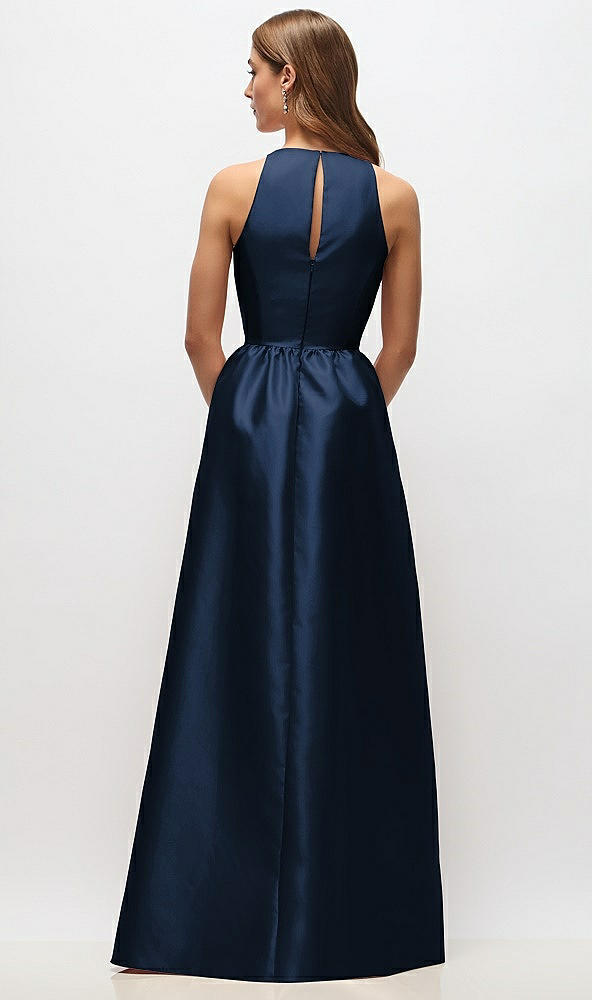 Back View - Midnight Navy Sleeveless Keyhole Back Satin Maxi Dress