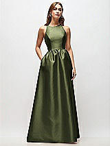 Front View Thumbnail - Olive Green Sleeveless Keyhole Back Satin Maxi Dress