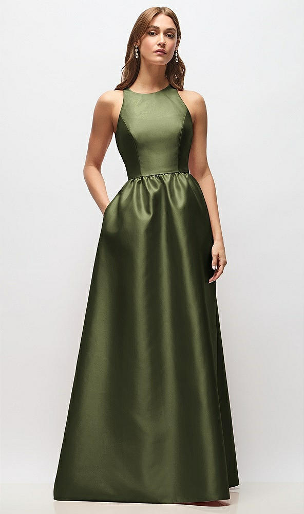Front View - Olive Green Sleeveless Keyhole Back Satin Maxi Dress