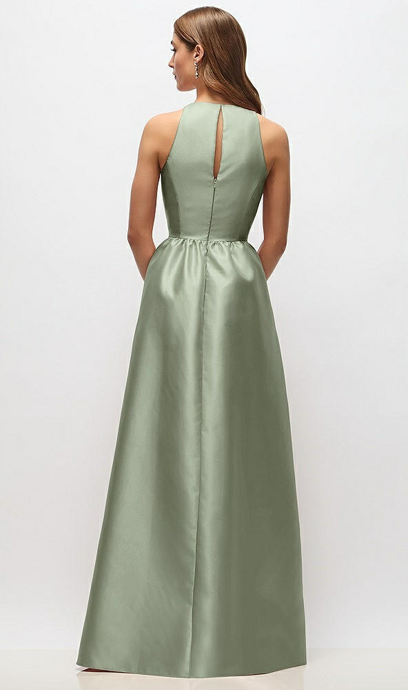 Back View - Sage Sleeveless Keyhole Back Satin Maxi Dress