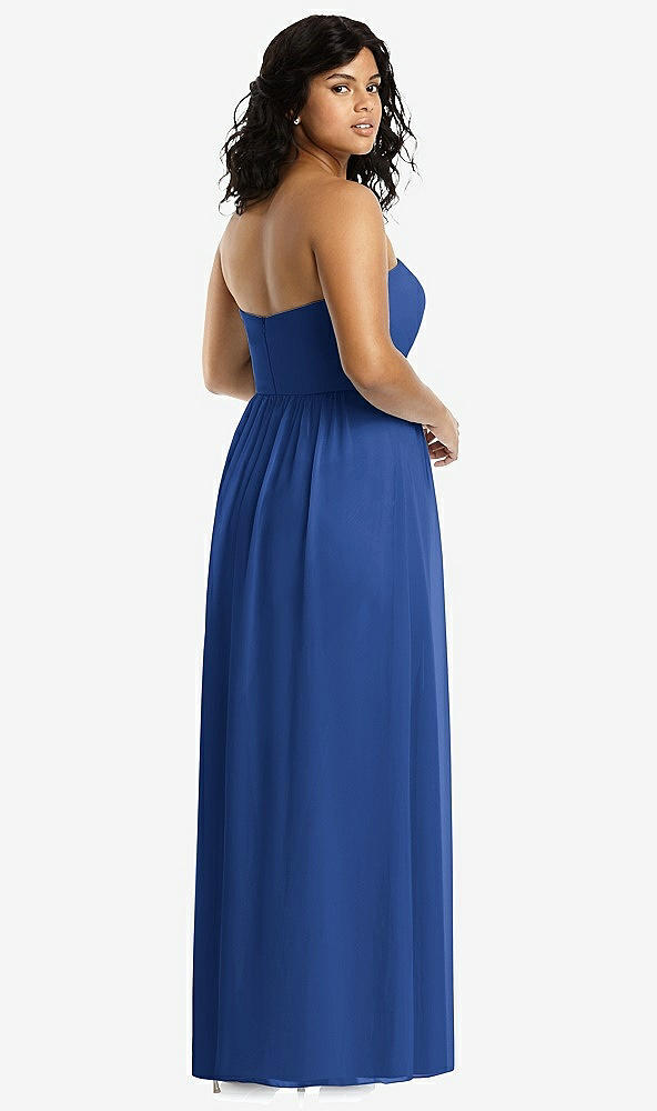 Back View - Classic Blue Strapless Draped Bodice Maxi Dress with Front Slits