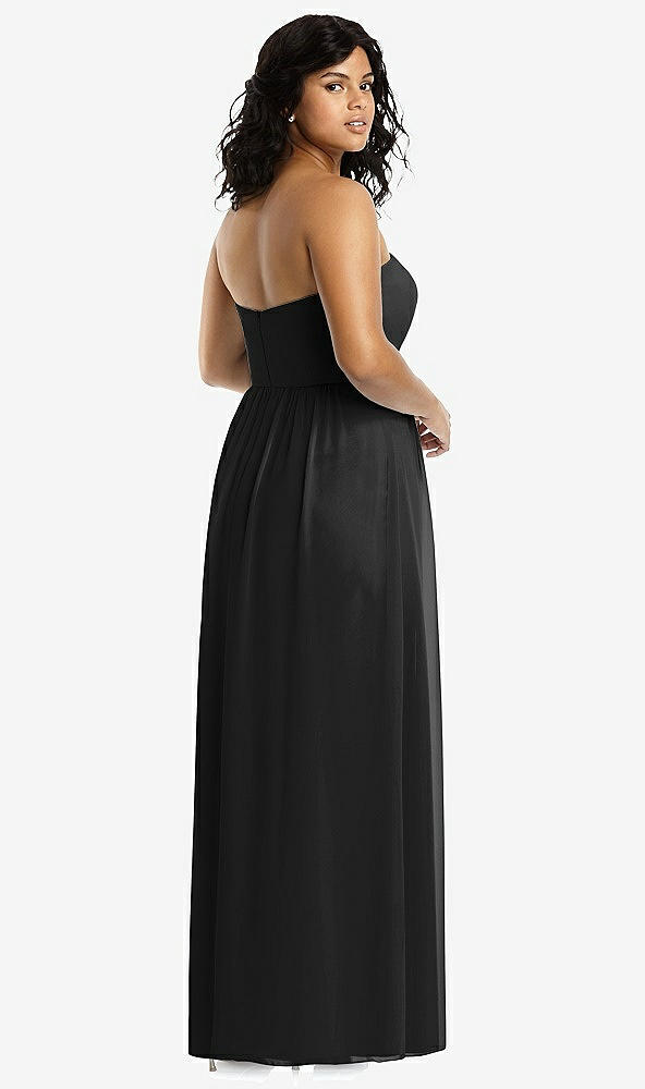 Back View - Black Strapless Draped Bodice Maxi Dress with Front Slits