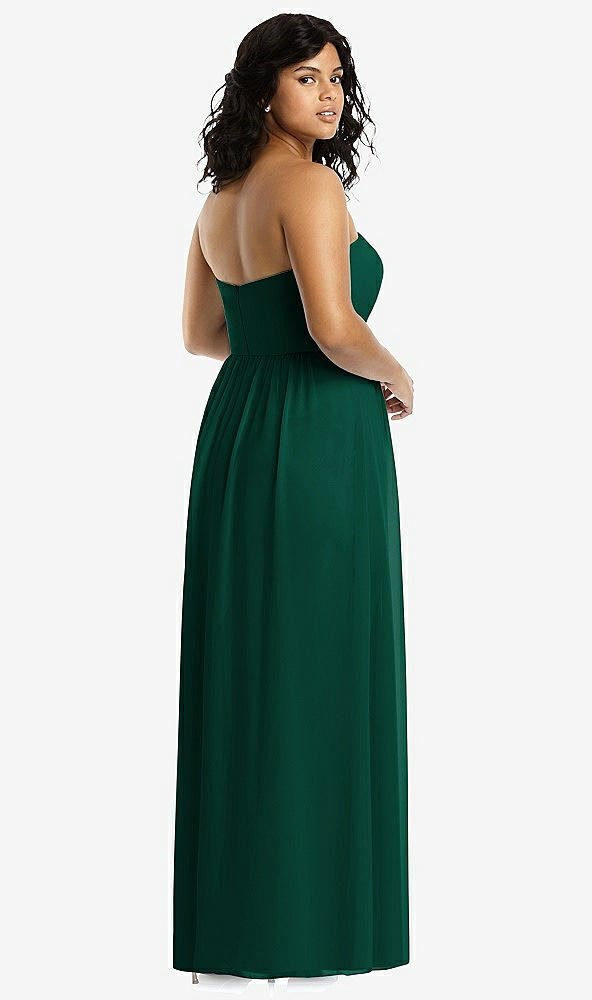 Back View - Hunter Green Strapless Draped Bodice Maxi Dress with Front Slits
