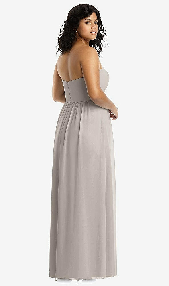 Back View - Taupe Strapless Draped Bodice Maxi Dress with Front Slits
