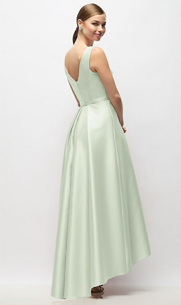 Back View - Mint Green Sleeveless Pleated Skirt High Low Dress with Pockets