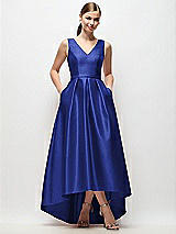 Front View Thumbnail - Cobalt Blue Sleeveless Pleated Skirt High Low Dress with Pockets