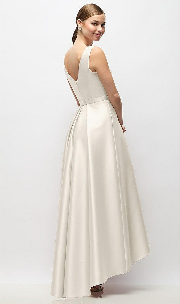 Back View - Ivory Sleeveless Pleated Skirt High Low Dress with Pockets