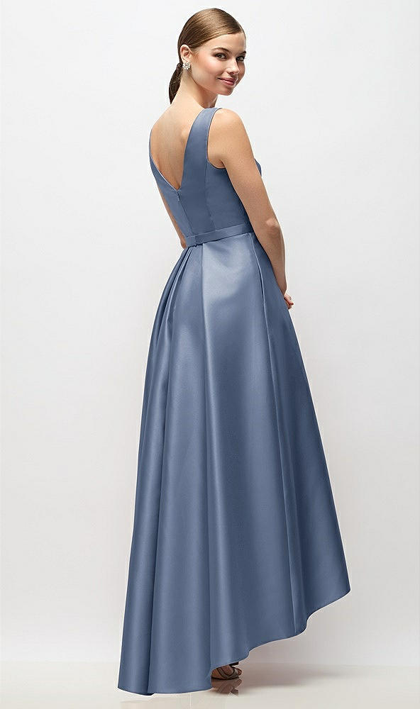 Back View - Larkspur Blue Sleeveless Pleated Skirt High Low Dress with Pockets