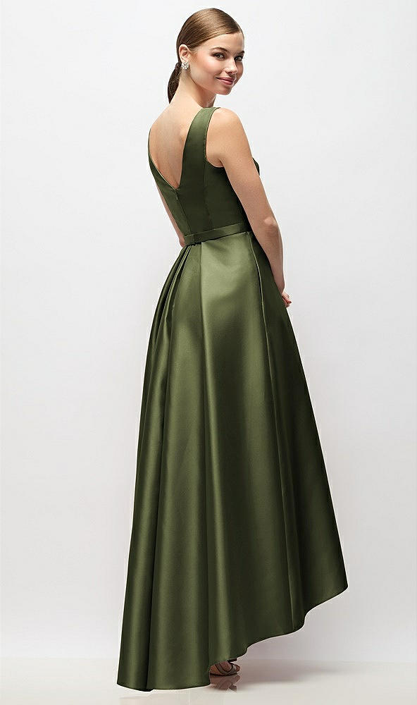 Back View - Olive Green Sleeveless Pleated Skirt High Low Dress with Pockets