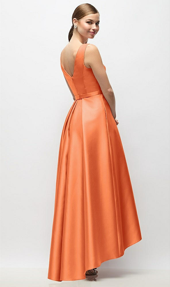Back View - Portofino Orange Sleeveless Pleated Skirt High Low Dress with Pockets