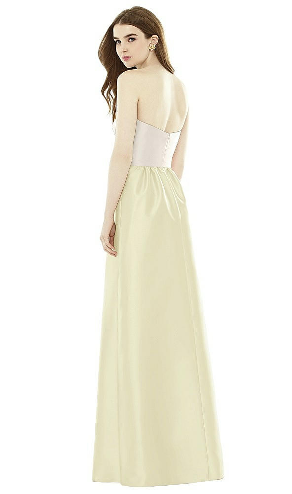 Back View - Butter Yellow & Ivory Full Length Strapless Satin Twill dress with Pockets