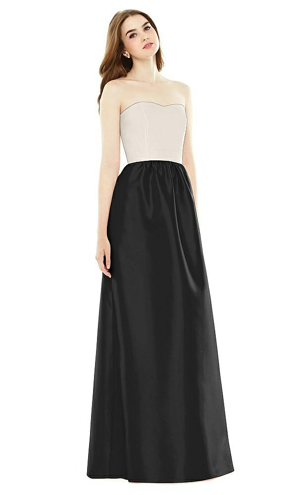 Front View - Black & Ivory Full Length Strapless Satin Twill dress with Pockets