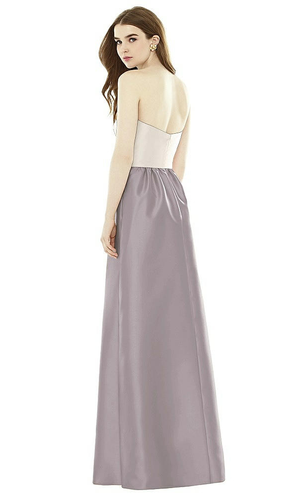 Back View - Cashmere Gray & Ivory Full Length Strapless Satin Twill dress with Pockets