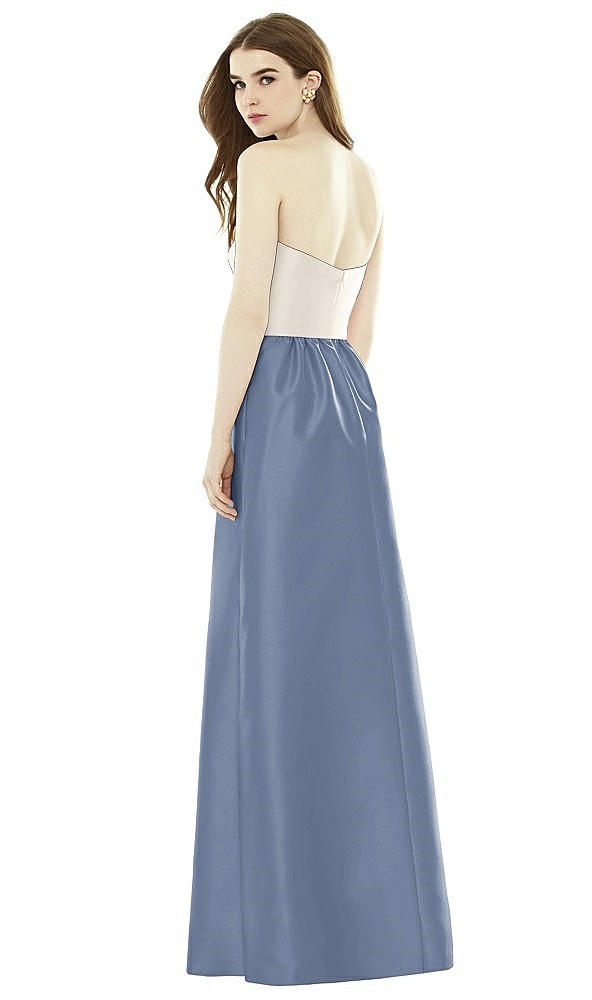 Back View - Larkspur Blue & Ivory Full Length Strapless Satin Twill dress with Pockets