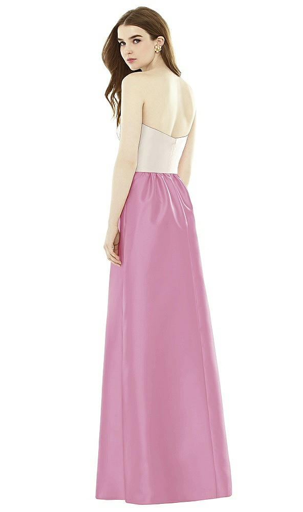 Back View - Powder Pink & Ivory Full Length Strapless Satin Twill dress with Pockets