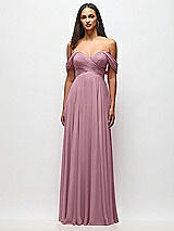 Front View Thumbnail - Dusty Pink Off-the-Shoulder Draped Chiffon Maxi Dress