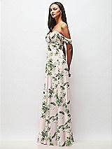 Side View Thumbnail - Palm Beach Print Off-the-Shoulder Draped Chiffon Maxi Dress