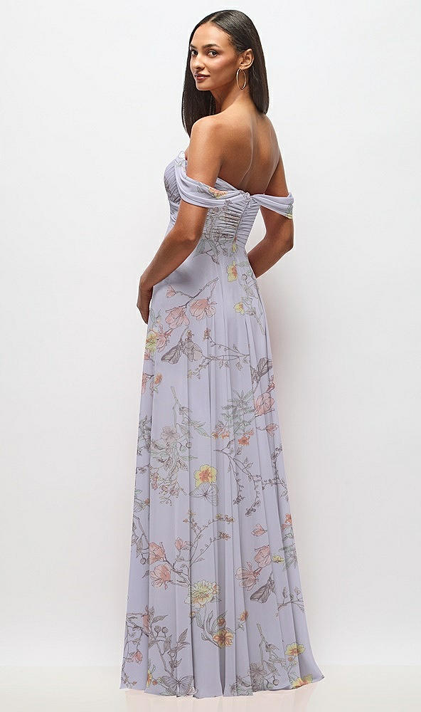 Back View - Butterfly Botanica Silver Dove Off-the-Shoulder Draped Chiffon Maxi Dress
