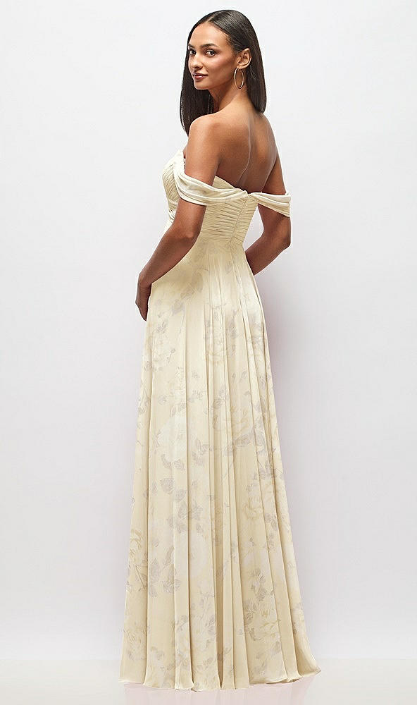 Back View - Butter Yellow Floral Off-the-Shoulder Draped Chiffon Maxi Dress