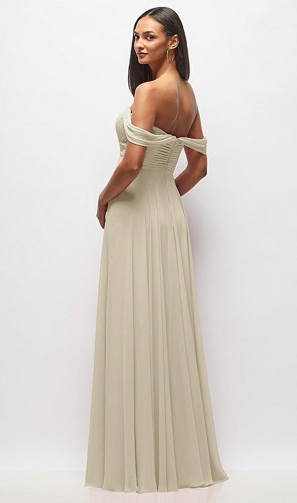 Back View - Champagne Off-the-Shoulder Draped Chiffon Maxi Dress