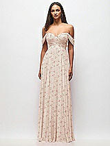 Front View Thumbnail - Coquette Floral Print Off-the-Shoulder Draped Chiffon Maxi Dress