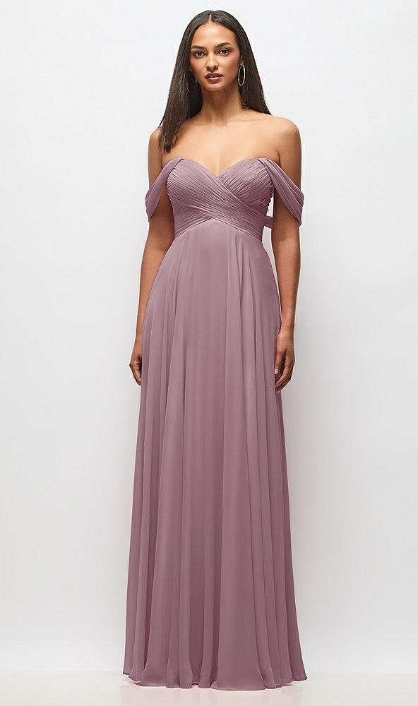 Front View - Dusty Rose Off-the-Shoulder Draped Chiffon Maxi Dress