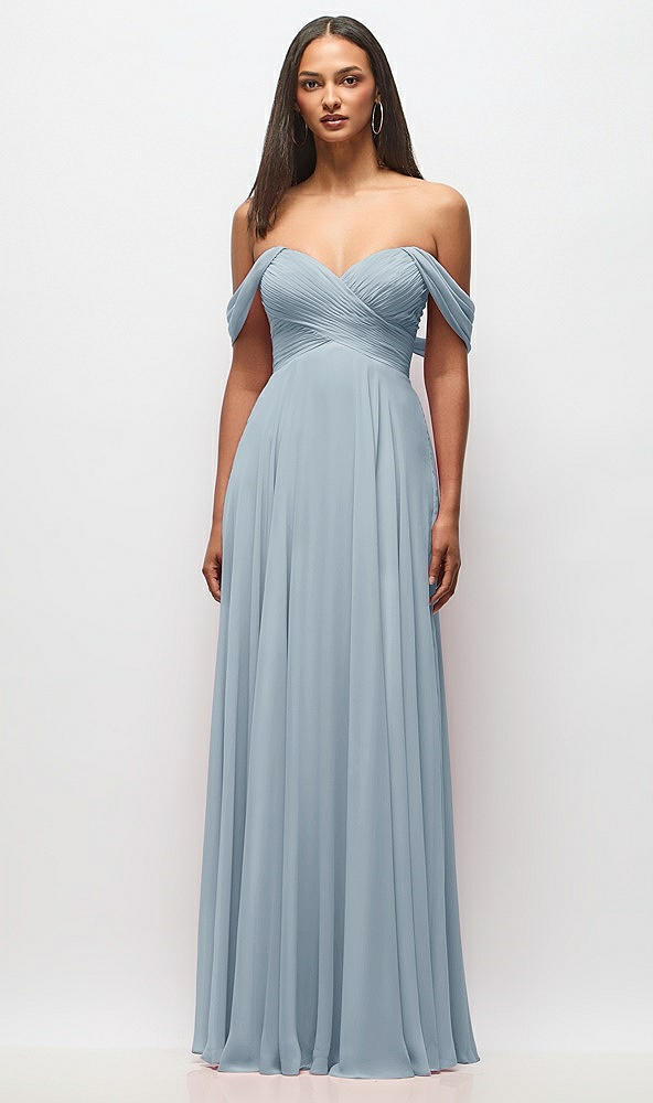 Front View - Mist Off-the-Shoulder Draped Chiffon Maxi Dress