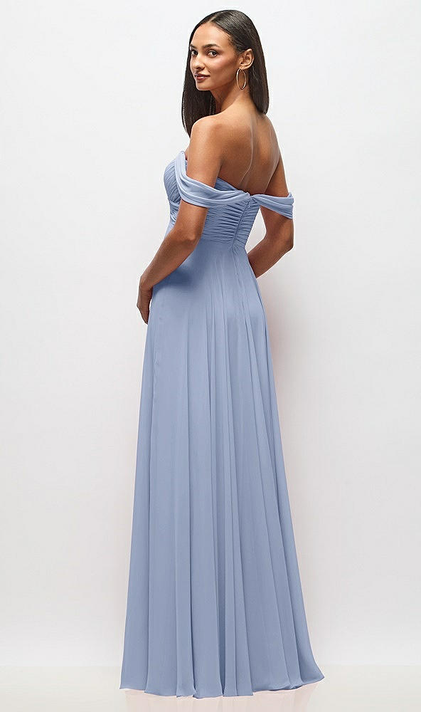 Back View - Sky Blue Off-the-Shoulder Draped Chiffon Maxi Dress