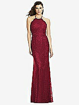 Front View Thumbnail - Burgundy Halter Criss Cross Open-Back Lace Trumpet Gown