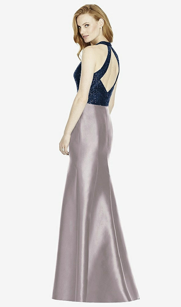 Back View - Cashmere Gray & Midnight Navy Studio Design Collection 4514 Full Length Halter V-Neck Bridesmaid Dress