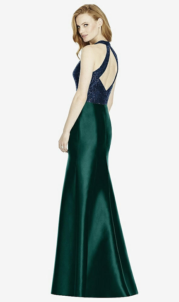 Back View - Evergreen & Midnight Navy Studio Design Collection 4514 Full Length Halter V-Neck Bridesmaid Dress