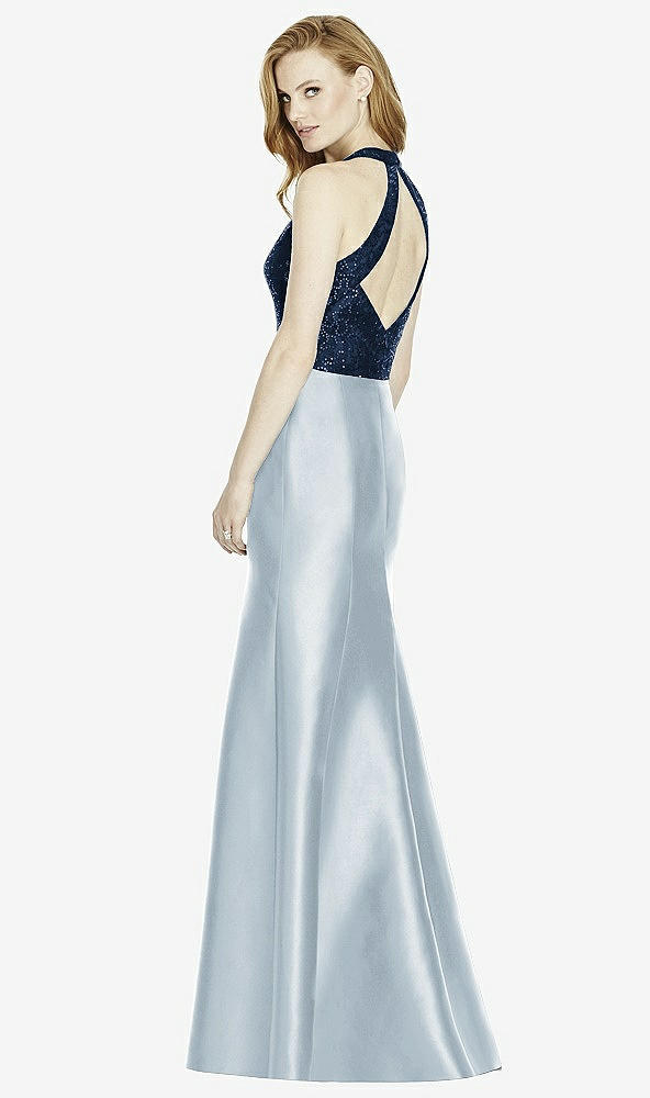 Back View - Mist & Midnight Navy Studio Design Collection 4514 Full Length Halter V-Neck Bridesmaid Dress