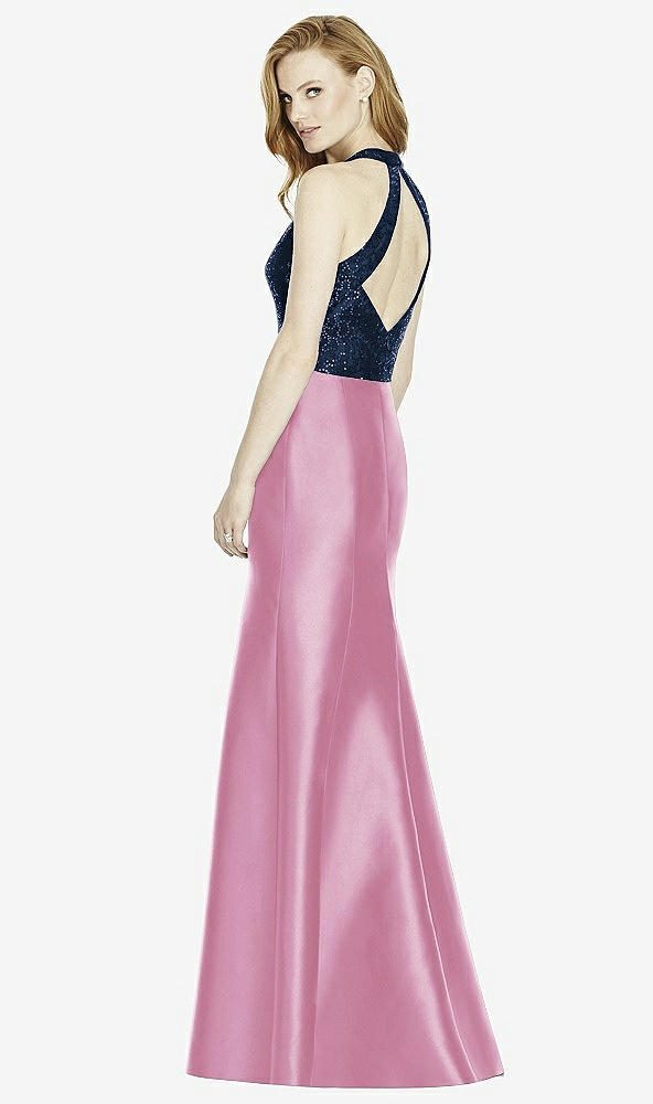 Back View - Powder Pink & Midnight Navy Studio Design Collection 4514 Full Length Halter V-Neck Bridesmaid Dress