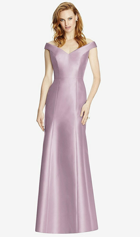 Front View - Suede Rose Off-the-Shoulder V-Neck Satin Trumpet Gown