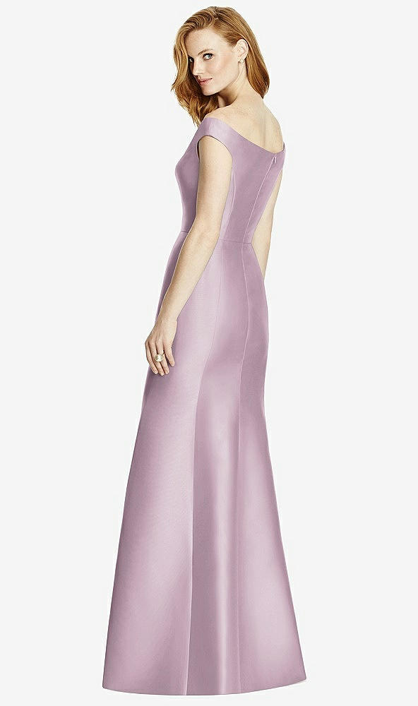Back View - Suede Rose Off-the-Shoulder V-Neck Satin Trumpet Gown
