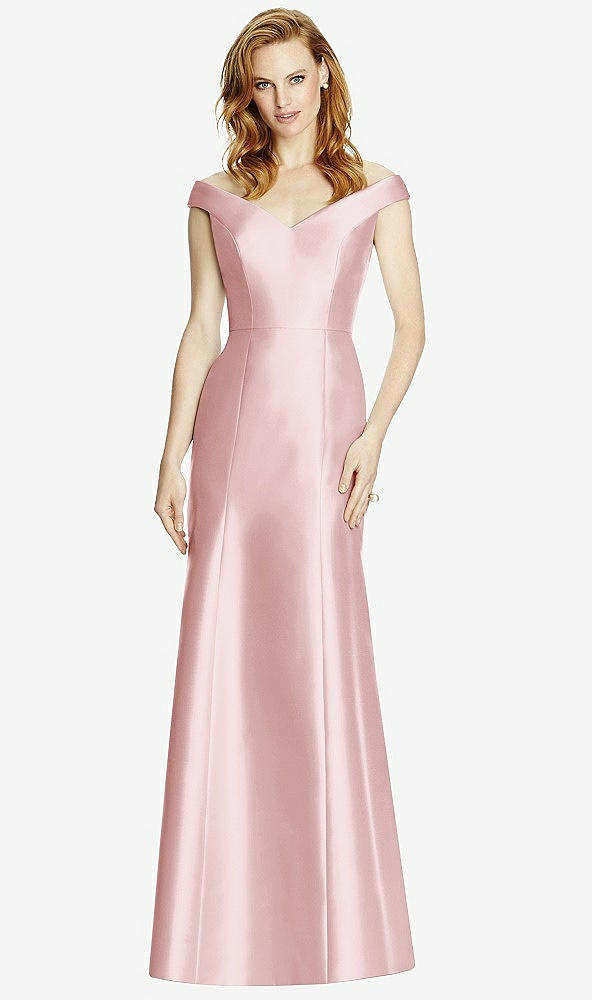Front View - Ballet Pink Off-the-Shoulder V-Neck Satin Trumpet Gown