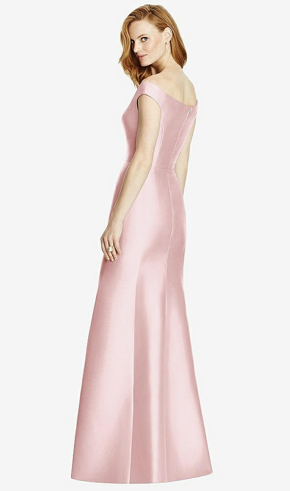 Back View - Ballet Pink Off-the-Shoulder V-Neck Satin Trumpet Gown