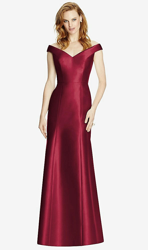 Front View - Burgundy Off-the-Shoulder V-Neck Satin Trumpet Gown