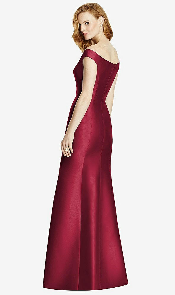 Back View - Burgundy Off-the-Shoulder V-Neck Satin Trumpet Gown