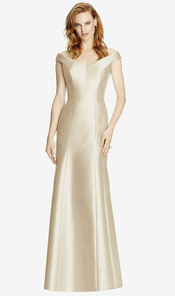 Front View - Champagne Off-the-Shoulder V-Neck Satin Trumpet Gown