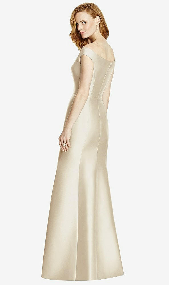 Back View - Champagne Off-the-Shoulder V-Neck Satin Trumpet Gown