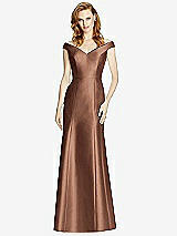 Front View Thumbnail - Cognac Off-the-Shoulder V-Neck Satin Trumpet Gown