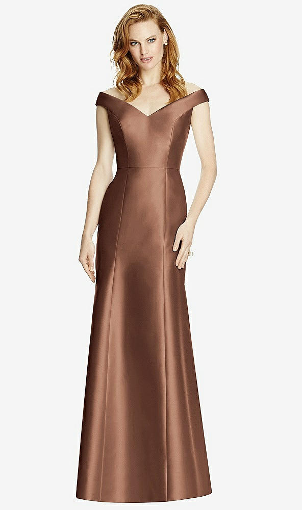 Front View - Cognac Off-the-Shoulder V-Neck Satin Trumpet Gown