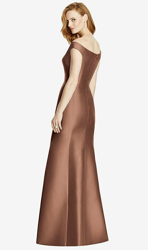 Back View - Cognac Off-the-Shoulder V-Neck Satin Trumpet Gown