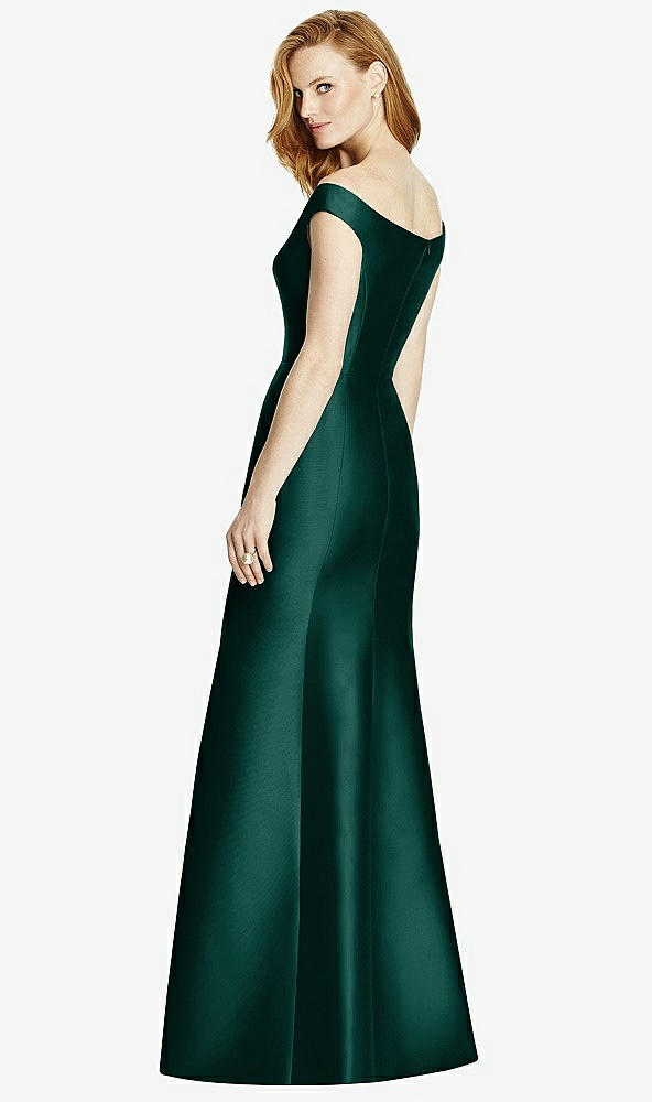 Back View - Evergreen Off-the-Shoulder V-Neck Satin Trumpet Gown