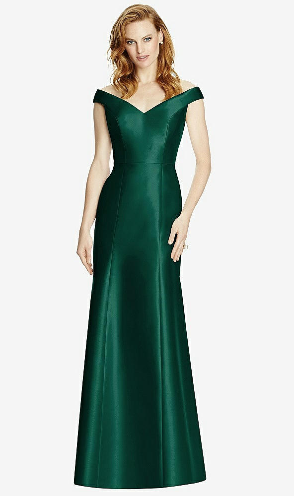Front View - Hunter Green Off-the-Shoulder V-Neck Satin Trumpet Gown