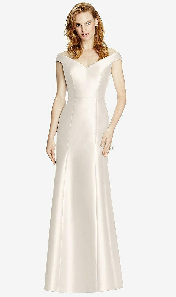 Front View - Ivory Off-the-Shoulder V-Neck Satin Trumpet Gown