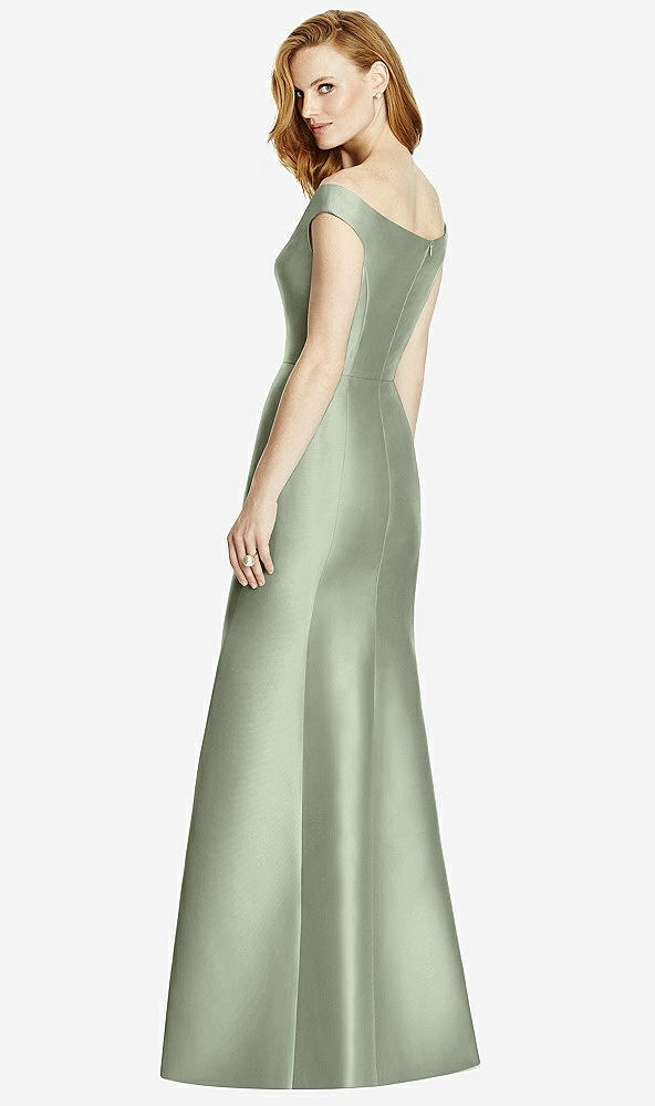 Back View - Sage Off-the-Shoulder V-Neck Satin Trumpet Gown